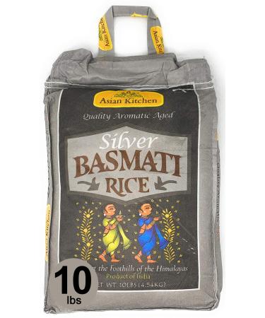 Asian Kitchen Silver White Basmati Rice Extra Long Aged 10lbs (4.54kg)  All Natural | Gluten Friendly | Vegan | Indian Origin | Export Quality Silver Basmati Rice 10 Pound (Pack of 1)
