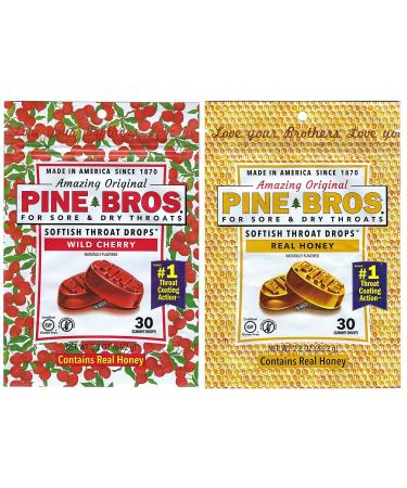 Pine Bros. Bundle-Two Flavors Softish Throat Drops, Natural Honey 30 Ct / Wild Cherry 30 Ct