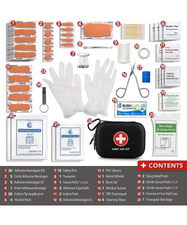 Alysontech Mini First Aid Kit - 100 Pieces in Water-Resistant Case for Travel, Outdoor, Home, Office - Compact Emergency Kit for Camping, Hiking, Car - Black - Buy Online on GoSupps.com