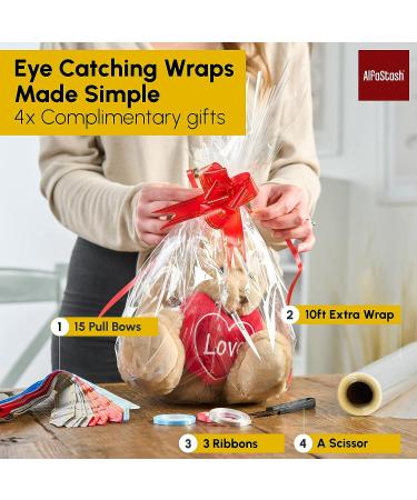 (31.5 in x 110 ft) Cellophane Wrap for Gift Baskets (Accessories are inside wrap Tube) 3Mils Thick  with 15 Pull-Bows  3 Ribbons & 1 Cutter - Clear Cellophane Wrap Roll for Flowers and Food- Folded in half Clear Wrap (31.5in x 110ft) - Buy Online on GoSupps.com