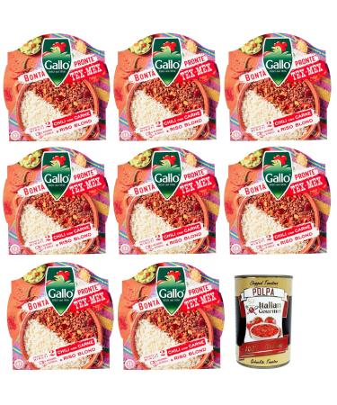 Italian Gourmet E.R. Riso Gallo Bont Pronte Tex-Mex Chili con Carne Precooked Rice / Beans / Meat and Peppers 220 g + 400 g Italian Gourmet Tomato Pulp Pack of 8