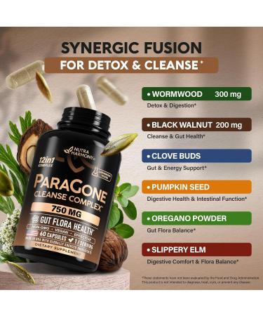 Wormwood Black Walnut Clove & Astragalus - ParaGone for Cleanse Detox Intestinal & Gut Flora Support - 12 in 1 Complex for Men & Women - NON-GMO Vegan - Made in USA - 60 Capsules for 2 Months - Buy Online on GoSupps.com