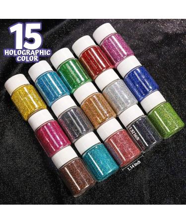 LEOBRO Holographic Fine Glitter Powder - 15 Colors for Resin Jewelry, Crafts & Cosmetics | Includes 10 Stir Spoons - Buy Online on GoSupps.com