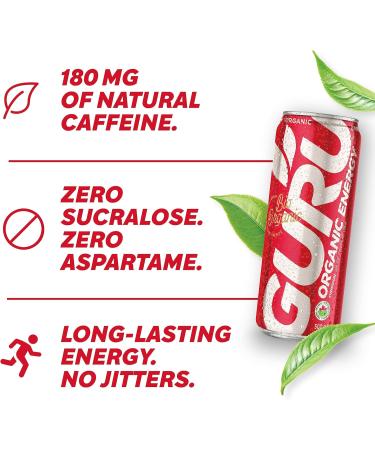 GURU Organic Energy Drink - Original - Enhance your physical and mental Energy - Plant Based Ingredients - Non-GMO - Healthy Energy - Vegan - Low Sugar - Natural Caffeine - 500 ml (Pack of 12) - Buy Online on GoSupps.com