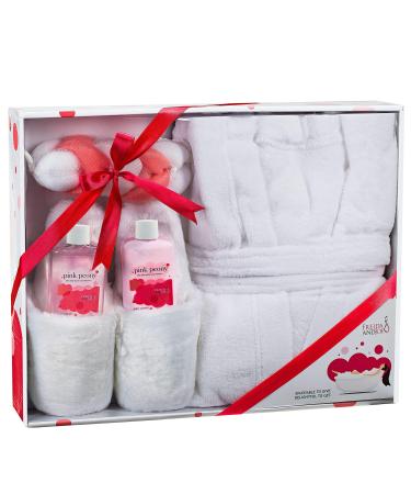 Home Spa Gift Basket Luxury Bathrobe & Slipper Spa Box for Women - Pink Peony Scent - Luxury Bath & Body Set For Women - Body Lotion  Shower Gel  Puff  Ultra Soft Full Length Bathrobe  Plush Slippers