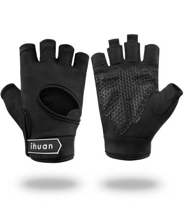 ihuan New Breathable Workout Gloves for Women & Men - No More Sweaty & Full Palm Protection Gym Exercise, Fitness, Weightlifting, Pull-ups, Deadlifting, Rowing Black Medium
