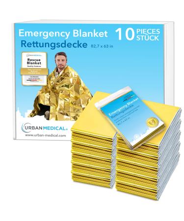 URBAN MEDICAL Premium Rescue Blanket | First Aid Rescue Foil | 10 pieces | Gold/Silver | 210 x 160 cm | Waterproof Rescue Blanket | Cold Protection | Heat Protection | Car Accessories