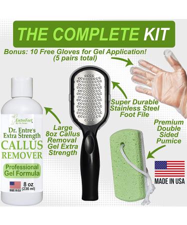 Dr. Entre Callus Remover Kit for Feet - 8oz Gel, Foot File, Pumice Stone, 5 Glove Pairs, Spa Pedicure Tools - Buy Online on GoSupps.com