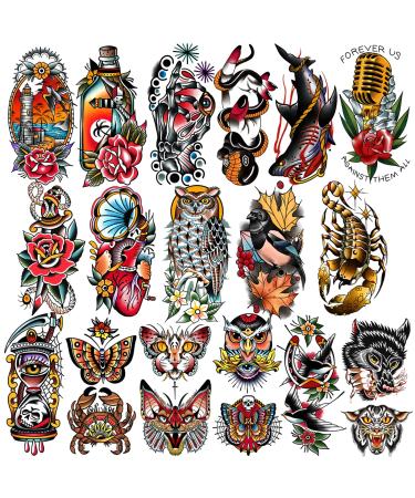 77 Sheets Vintage Temporary Tattoo  Old School Temporary Tatoos Flower Swallows Butterflies Tiger Scorpion Snake Hand Owl Swords for Women Girls and Men  Half Arm Fake Tattoos for Adults Shoulder Arm