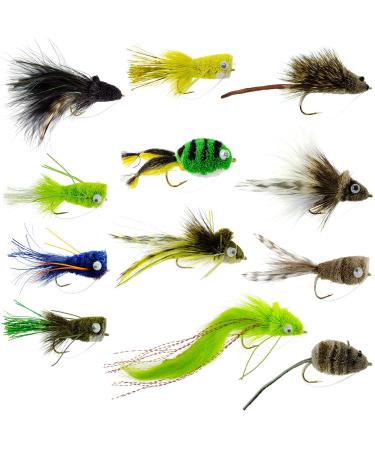The Fly Fishing Place Bass Bug Collection - Set of 12 Bass Fly Fishing Flies - Surface Poppers Divers and Subsurface - Hook Sizes 2,4 and 6 - Buy Online on GoSupps.com