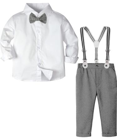 mintgreen Baby Boy Outfits Set 4pcs Infant Gentalman Wedding Suit Long Sleeves Striped Shirts + Trousers + Suspenders + Bowtie 3-4 Years Dark Grey