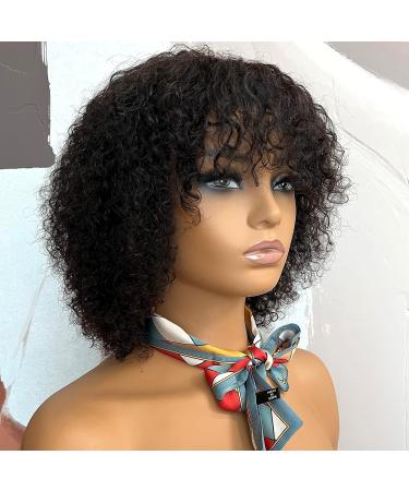 FULEISI 100% Human Hair Short Kinky Curly Wig with Bangs for Black Women - Machine Made Glueless Pixie Cut Afro Curly Brazilian Virgin Hair - Natural Black Color 12 - Buy Online on GoSupps.com