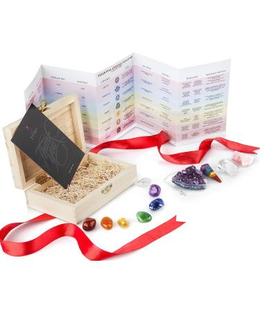 Chakra Stones Premium Kit in Wooden Box - Healing Crystals Set with Rose Quartz and Amethyst Cluster - Includes Chakra Pendulum, Quartz Points, and 82 Page EBook - Gift Ready Healing Collection - Buy Online on GoSupps.com