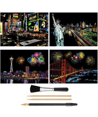 MeowHaus Scratch Art Rainbow Painting Paper, Craft Arts Supplies Set: 4 Sheets (A4) with 4 Tools Pen, DIY Crafts Scratchboard Painting Engraving Womens Hobbies, Adults and Kids Christmas Birthday Gift Gold
