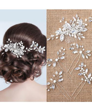 5 Pieces Crystal Bride Wedding Hair Comb Silver Bridal Hair Pieces Pearl Rhinestone Bridal Hair Clip Flower Hair Side Combs Wedding Hair Accessories for Brides Women Girls