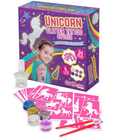 GirlZone Unicorn Glitter Tattoo Studio  Easy To Use and Skin-Safe Kids Temporary Sparkle Tattoos for Creative Playtime  Fun Party Crafts for Kids