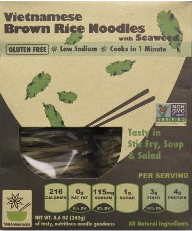 Rice Noodles, Ramen Noodles Alternative, Non-GMO, Pad Thai Noodles, Star Anise Foods (Brown Rice Noodles with Seaweed, 24 servings)