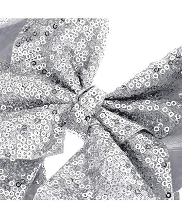 Sibba 8 Inch Sequin Hair Bow Clip for Girls and Women - Silver Glitter Oversized Barrette for Pigtail Hairstyles - Sweet Accessory - Buy Online on GoSupps.com