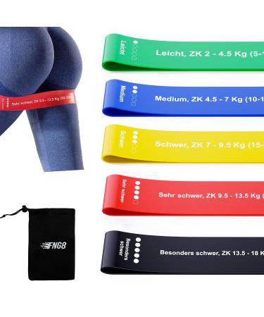 FNG8 fitness straps set printed with exercises in German - training band with 5 steps resistance - fitness band made of skin -friendly latex - unisex terra band for physio and sport