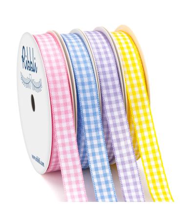 Ribbli 4 Rolls 3/8 Inch Gingham Ribbon Total 40 Yards 100% Polyester Woven Edge ( Lt.Pink/Lt.Blue/Lt.Purple/Yellow ) Easter Ribbon Check Ribbon Use for Baby Shower Gift Wrapping 03 4Rolls set 3/8