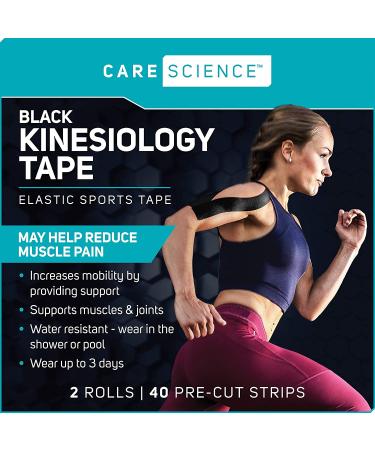 Care Science Waterproof Kinesiology Tape 40 ct Precut Strips (2 Rolls) Black | Elastic Sports & Weightlifting Tape | Supports Muscles & Joints | Water Resistant - Buy Online on GoSupps.com