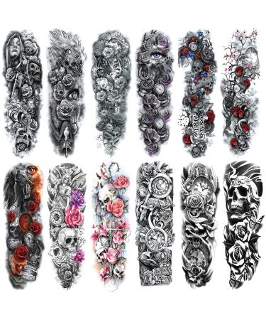 Skull Sleeve Tattoo Stickers, Fake Skull Full Arm Temporary Tattoos Sleeves for Adult Kids Women Makeup, 12-Sheet