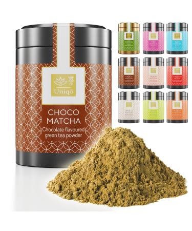 Tea Uniqo - Choco Matcha tea powder - ideal for drinking for ice cream latte shakes for baking or cooking - Japanese green tea powder with chocolate taste without artificial dyes in noble can