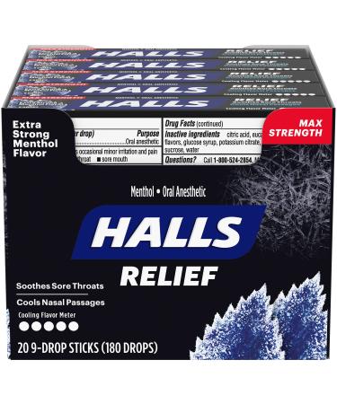 HALLS Relief Max Strength Extra Strong Menthol Throat Drops, 20 Packs of 9 Drops (180 Total Drops) 9 Count (Pack of 20)