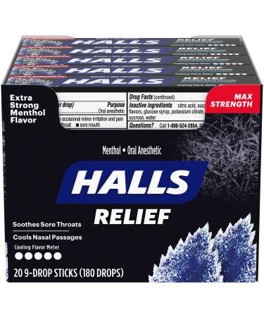 HALLS Relief Max Strength Extra Strong Menthol Throat Drops, 20 Packs of 9 Drops (180 Total Drops) 9 Count (Pack of 20)