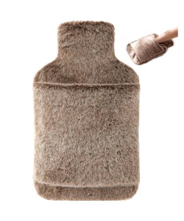 samply Hot Water Bottle with Soft Premium Faux Fur Cover 2L Hot Water Bag for Menstrual Cramps Neck and Shoulder Pain Relief Hot and Cold Therapies Hand Feet Warmer Khaki 2L Hand Pocket Khaki