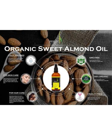 Feelia Organic Sweet Almond Oil - 100% Pure Cold Pressed Rich in Vitamins A & E Zinc Omega 3 - Fast Absorption for Healthy Skin - Buy Online on GoSupps.com
