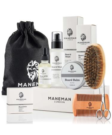 Maneman London Beard Grooming Kit for Men - 7 Piece Gift set shampoo oil softens itch free relief
