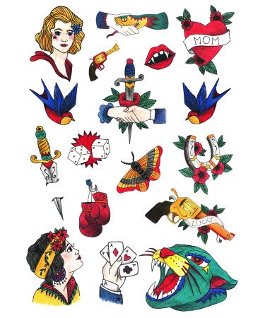 Old School Temporary Tattoo Set by Tatsy  Original Cool Oldschool Vintage Design  Party Fun Tattoos  Fake Tattoo Body Art Cover Up for Men and Women  Unique Drawings