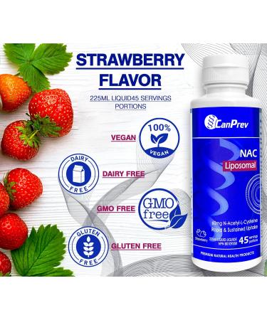 CanPrev - Liposomal NAC Supplement N-Acetyl Cysteine Strawberry Flavour 225ml Liquid - Clear Mucus from Lung Health Brain Health Liver Health Formula Antioxidant Support and Respiratory Health - Buy Online on GoSupps.com