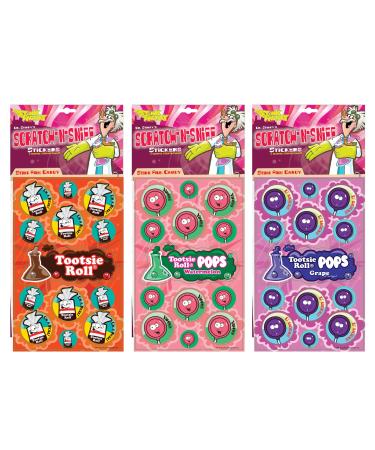 Just For Laughs Dr. Stinky's Scratch N Sniff Stickers 3-Pack- Tootsie Roll Pops Watermelon Tootsie Roll Pops Grape Tootsie Roll