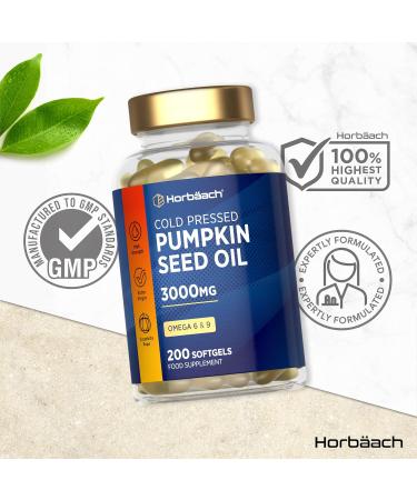 Pumpkin Seed Oil Capsules 3000mg | Cold Pressed | High Strength Supplement | 200 Softgels | by Horbaach - Buy Online on GoSupps.com