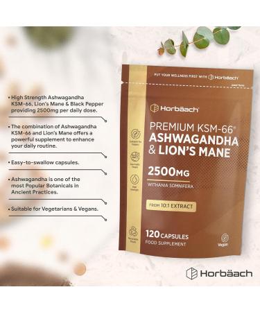 Ashwagandha KSM-66 and Lion's Mane 2500mg Capsules | KSM-66 Ashwagandha Root Extract & Lion's Mane Mushroom Extract Enhanced with Black Pepper | 120 Vegan Capsules | Horbaach - Buy Online on GoSupps.com