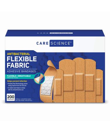 Care Science Antibacterial Fabric Adhesive Bandages, 200 ct Bulk Assorted Sizes | Flexible + Breathable Protection Helps Prevent Infection for First Aid and Wound Care 200 Count (Pack of 1)
