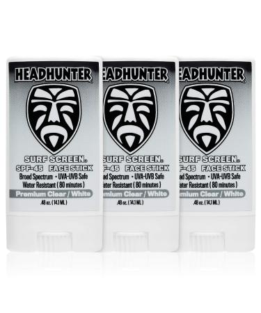 Headhunter Sunscreen Face Stick SPF 45, Waterproof Surf Sunblock for Waterman, Water-Resistant Facial Sunscreen for Ultra-Sport Protection and Solar Defense (80 min), Clear White (3 pack) 1 Count (Pack of 3)