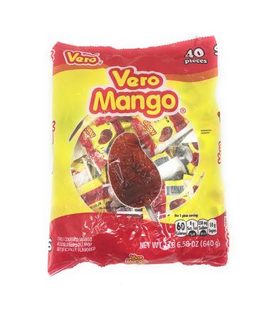 Vero Mango Lollipops Coated with Chili Powder Hot and Sweet Candy Treat Artificially Flavored Net Wt. 1.39 Pound 40 Count Bag
