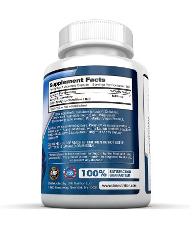 BRI Acetyl L-Carnitine 500mg - Energy Boost & Memory Support - 180 Vegetable Capsules - Buy Online on GoSupps.com