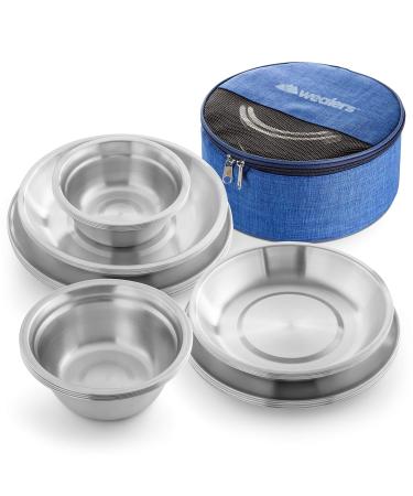 Wealers Stainless Steel Plates and Bowls Camping Set Small and Large Dinnerware for Kids, Adults, Family | Camping, Hiking, Beach, Outdoor Use | Incl. Travel Bag (Large Sizes 24-Piece Kit)