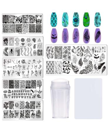 Bellelfin Nail Stamper Kit 6pcs Nail Stamping Plate Leopard Abstract Geometric Letter Feather Butterfly Image Template with Nail Art Stamp and Scraper for Salon Home DIY Manicure Style D