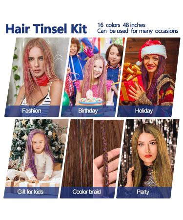 16 Colors Hair Tinsel Kit - 48 Inches, 3300 Strands - Fairy Hair Extensions for Christmas, Halloween, Cosplay - Sparkling Highlights - Buy Online on GoSupps.com