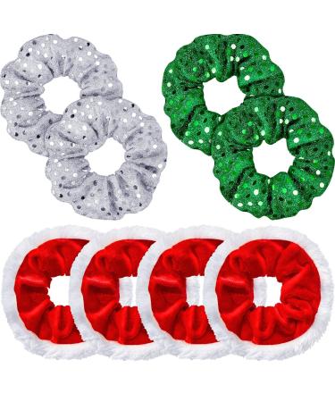 8 Pieces Large Size Christmas Hair Scrunchies Cute Elastics Scrunchies Glittery Sequin Green Silver Hair Bands Red Fabric Hair Accessories with White Fur for Hair Decoration