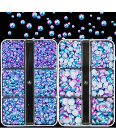 2 Boxes Blue Purple Gradient Half Round Pearls for Crafts Multi-Sized Flatback Nail Pearls Beads for Makeup Nail Face Art DIY Crafts Jewelry Phone Shoes Clothes Scrapbook S15-blue purple