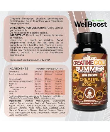 WellBoost Creatine Gold 5000mg Creatine Monohydrate Vegan Sugar-Free Gummies for Lean Muscle Growth Endurance Recovery & Energy (1 Month Supply) in Starwberry and Banana Flavour. - Buy Online on GoSupps.com