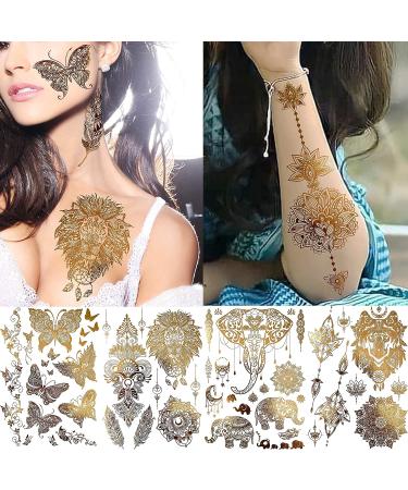 Rejaski 9 Sheets Flash Gold Metallic Temporary Tattoos - Bohemian Designs for Women, Adults - Fake Tattoo Stickers with Indian Tribal Elephant, 3D Wolf, Lion, Snake, Mandala Flower, Halloween Skull, Butterfly, Feather, Glitter - Buy Online on GoSupps.com