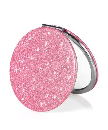 Dynippy Compact Mirror Glitter Pu Leather Makeup Mirror for Purses Small Pocket Mirror Portable Hand Mirror Double-Sided with 2 x 1x Magnification for Woman Mother Kids Great Gift - Bling Pink