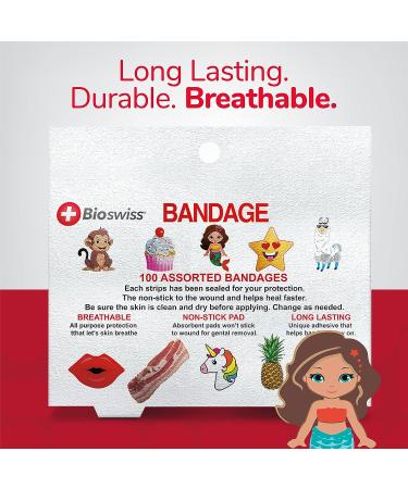Bioswiss Assorted Food Animal and Character Shaped Bandages - 100 Pack Latex Free Adhesive Bandage for Kids and Adults - Buy Online on GoSupps.com